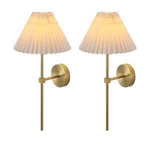 Set of 2 Wall Sconces Gold Brass Pleated Shade Hardwired E26 Modern